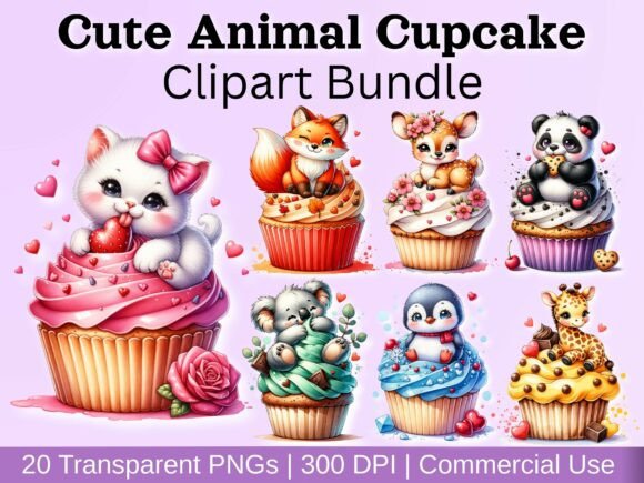 Download Cute Animal Cupcake Clipart Bundle - Cupcake clipart Collection