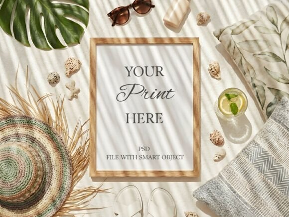 Download Wood Frame Mockup Summer Beach Flat Lay - Frame Collection